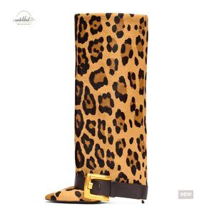 Knee High Leather Boots with Stiletto Heel, Wide Calf Fold Over Design